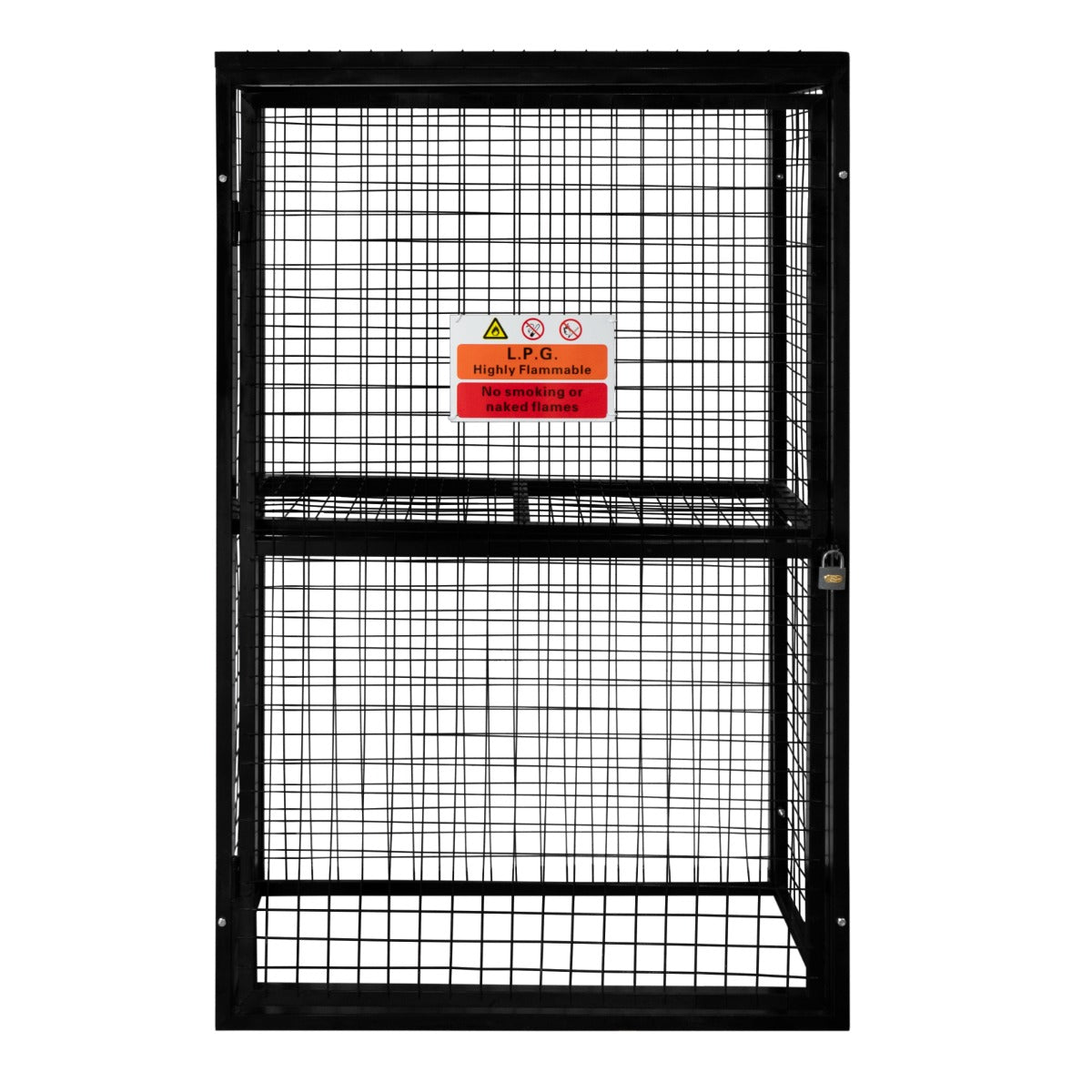Klappbare Gasflaschenlagerung aus robustem, schwarzem Metallgitter, mit Warnschild für entzündbare Materialien, Maße 184 x 116 x 57 cm
