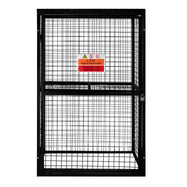 Klappbare Gasflaschenlagerung aus robustem, schwarzem Metallgitter, mit Warnschild für entzündbare Materialien, Maße 184 x 116 x 57 cm