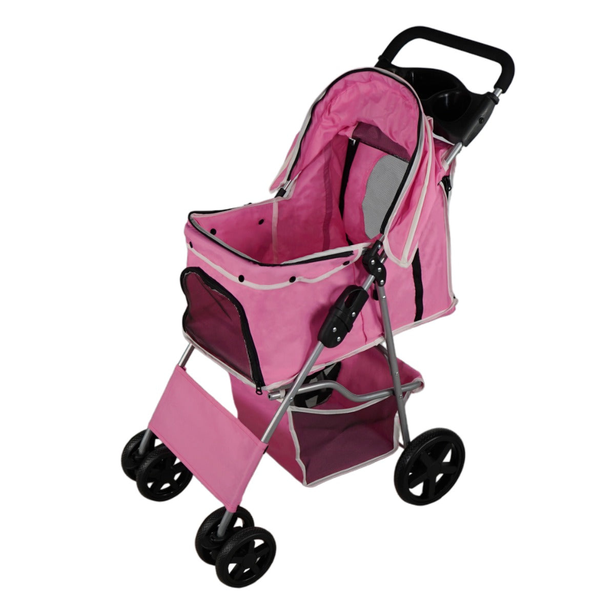 Haustierwagen in leuchtendem Rosa mit Regenabdeckung, stabilen Rädern und einem komfortablen Innenraum für Haustiere, ideal für Ausflüge