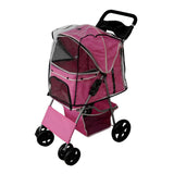 Haustierwagen in leuchtendem Rosa mit transparenter Regenabdeckung, stabilen Rädern und praktischem Stauraum für Haustierbedarf