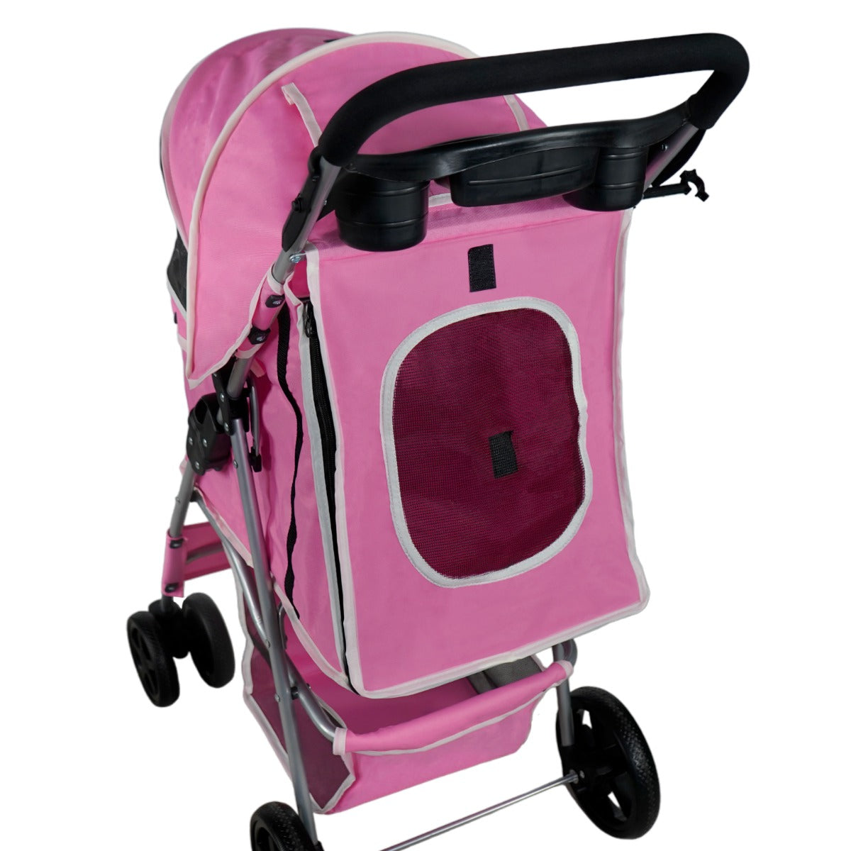 Haustierwagen in leuchtendem Rosa mit Regenabdeckung, gepolstert, robust, mit großen Rädern und einem praktischen Ablagefach für Zubehör