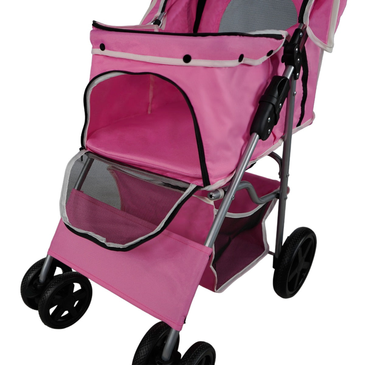 Haustierwagen in leuchtendem Rosa mit Regenabdeckung, gepolstert, mit Netzfenster und praktischem Stauraum, ideal für Spaziergänge mit Haustieren
