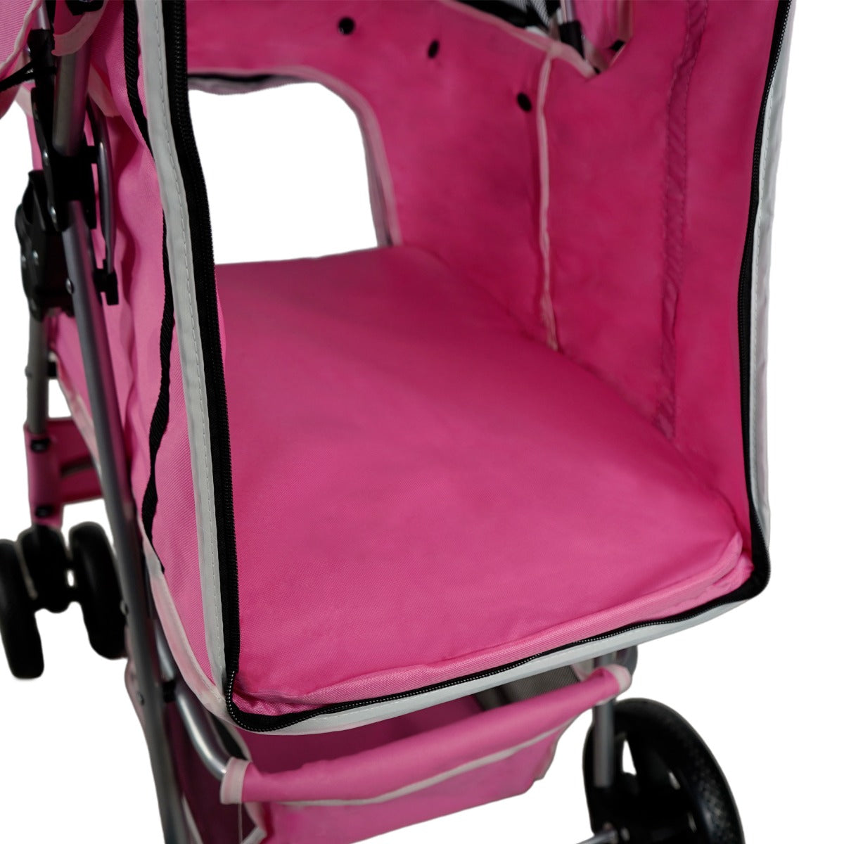 Haustierwagen in leuchtendem Rosa mit Regenabdeckung, weichem Innenpolster und robusten Rädern für komfortable Ausflüge mit Ihrem Haustier