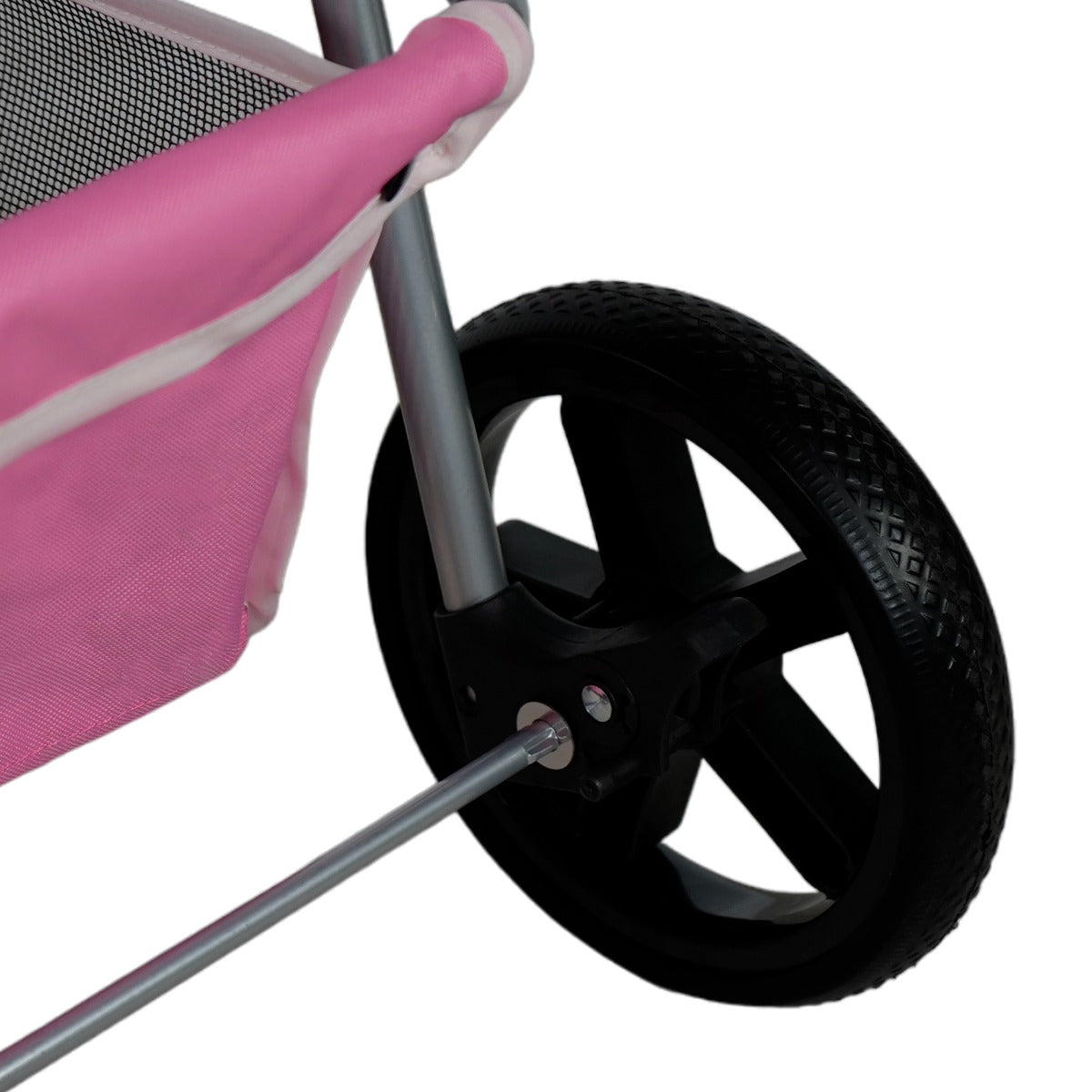 Haustierwagen in Rosa mit Regenabdeckung, robustem Gestell und einem schwarzen, rutschfesten Rad für stabilen Transport von Haustieren