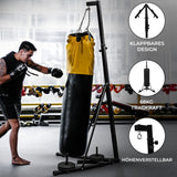 Faltbarer Boxsackständer aus robustem Metall, schwarz mit gelbem Boxsack, höhenverstellbar, ideal für das Training zu Hause oder im Fitnessstudio