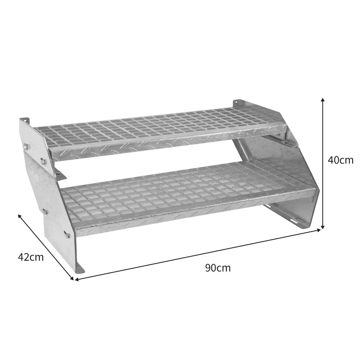 Verstellbare, zweigeteilte Treppe aus verzinktem Stahl, 900 mm breit, mit rutschfester Oberfläche und stabiler, diamantförmiger Struktur in silberner Farbe