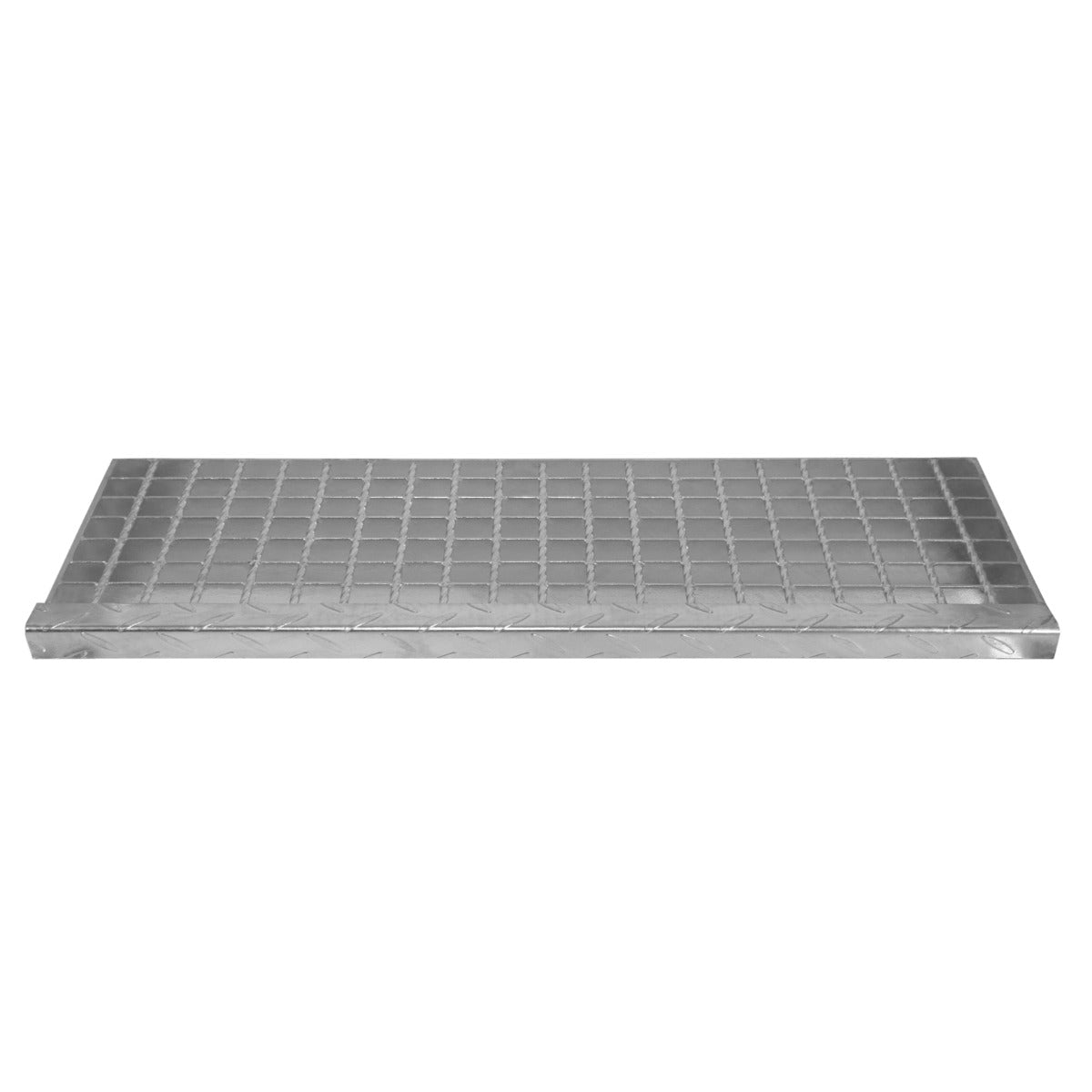 Verzinkte Stahlstufe in silberner Farbe, 900 mm breit, mit rutschfester Oberfläche und quadratischem Gittermuster für sicheren Halt