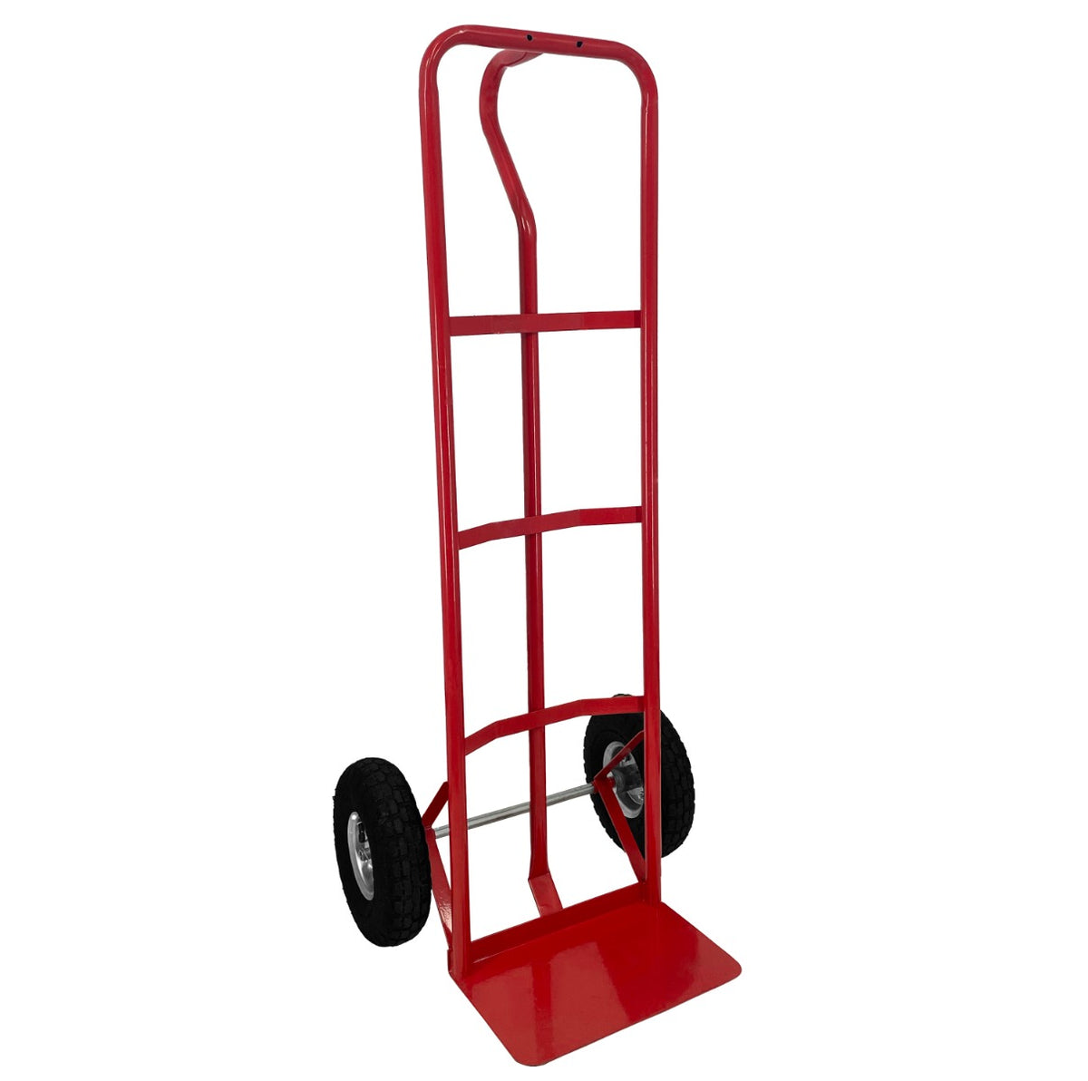 Roter, tragbarer Wagen mit zwei stabilen Gummirädern und einem robusten Metallrahmen, ideal für den Transport von 18L Pferdeduschen