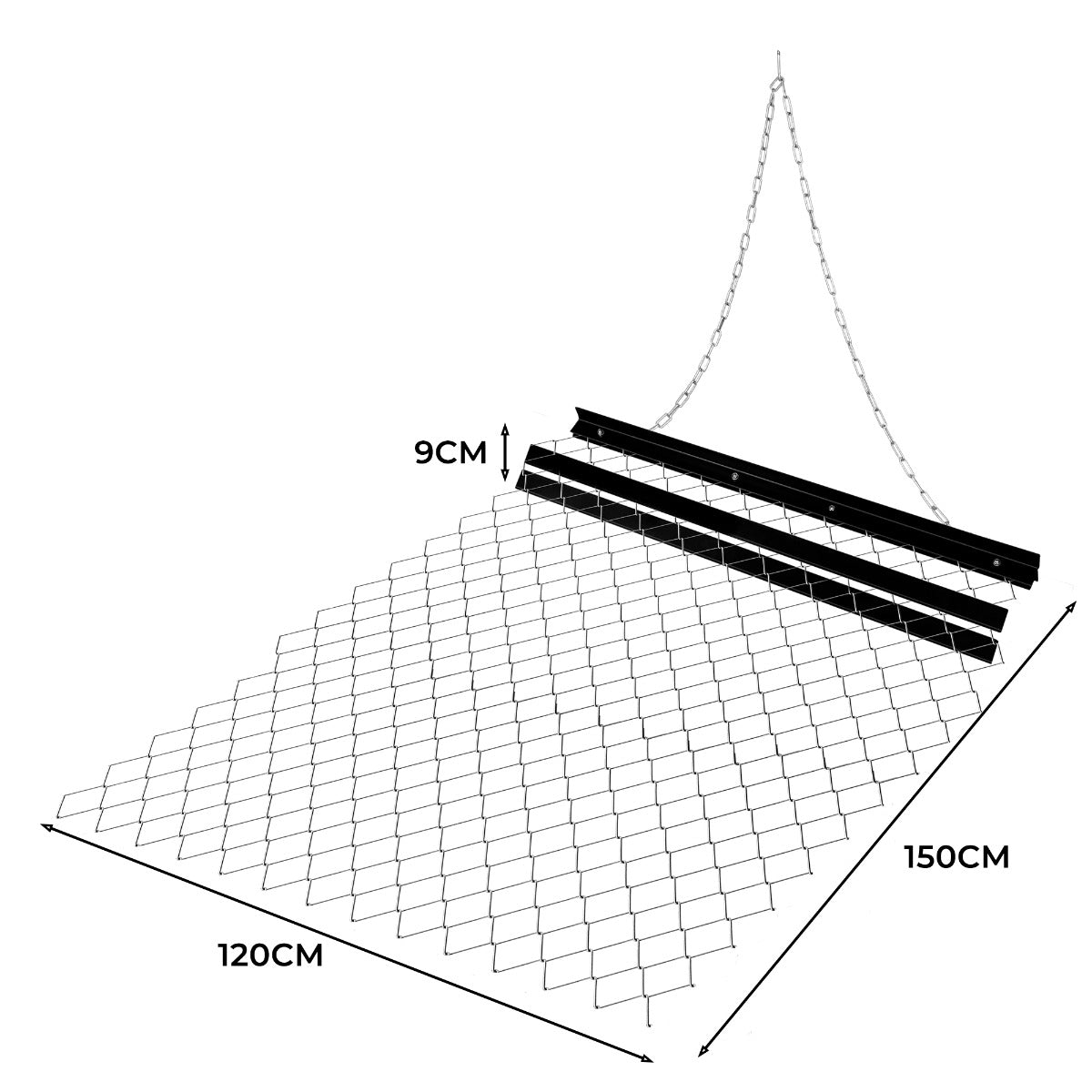 Ketten Wiesenegge in Schwarz mit einem stabilen Drahtgitter, Maße 1,5m x 1,2m, ideal für die Bodenbearbeitung und Rasenpflege