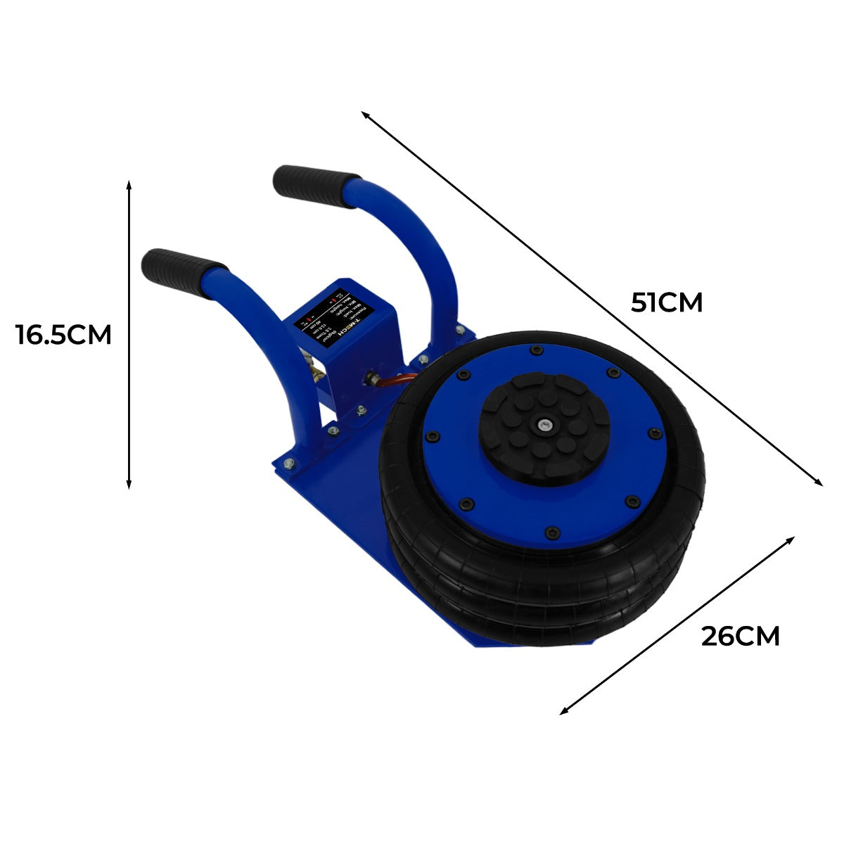 Pneumatischer Wagenheber in Blau mit rutschfestem Griff, runder, gummierter Hebeplatte, Maße 51 cm x 26 cm x 16,5 cm, ideal für Autos und schwere Lasten