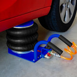 Pneumatischer Wagenheber mit drei schwarzen Gummibälgen, blauen Schläuchen und einer stabilen Basis, ideal für Autos bis 3,5 Tonnen