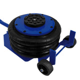 Pneumatischer Wagenheber in Blau mit schwarzem Gummireifen, langem Hebelgriff und stabiler Basis, ideal für Autos und schwere Lasten