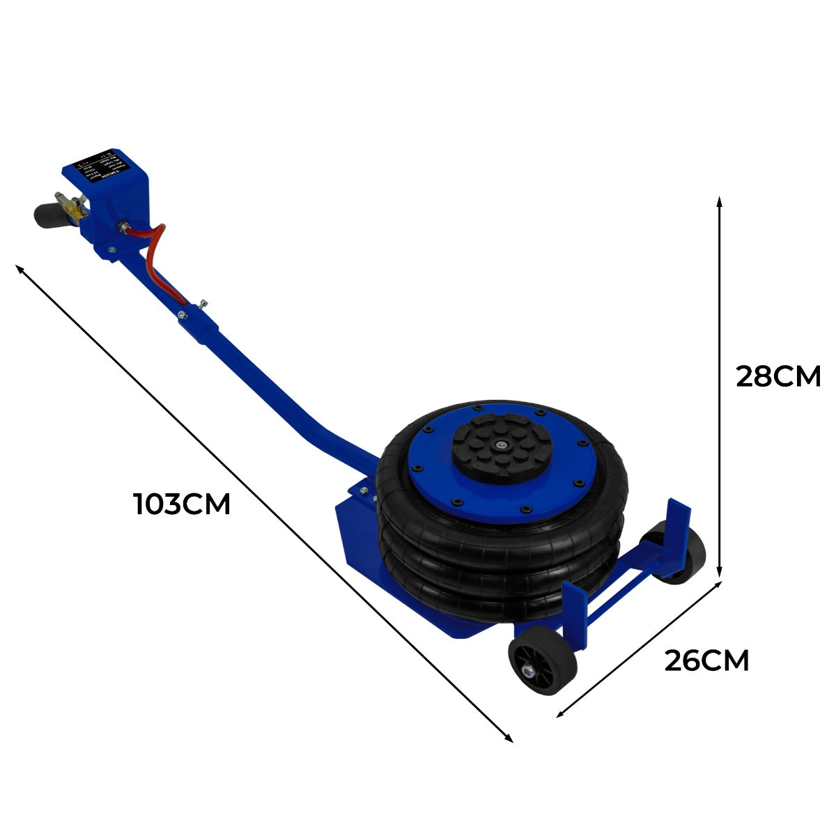 Pneumatischer Wagenheber in Blau mit langem Hebelgriff, runder Gummiballon, Maße 103 cm lang, 28 cm hoch, 26 cm breit, ideal für Autos und Werkstätten