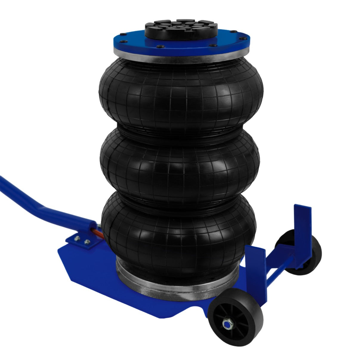 Pneumatischer Wagenheber mit drei schwarzen Gummibälgen, blauer Basis und langem Hebelgriff, ideal für das Anheben von Fahrzeugen bis 3,5 Tonnen