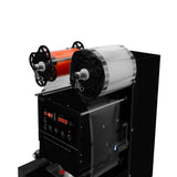 Vollautomatische Bechersiegelmaschine mit zwei Rollen, einer orange und einer transparent, sowie einem Bedienfeld mit digitalen Anzeigen und Tasten