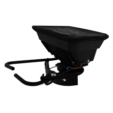 Schwarzer ATV-Streuer für Quad mit robustem Gehäuse, verstellbarem Auswurf und schützendem Deckel, ideal für den Einsatz im Freien