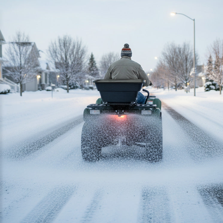 Ein Quad mit einem ATV-Streuer fährt durch eine verschneite Straße, während Schnee auf die Fahrbahn gestreut wird, um die Sicht zu verbessern