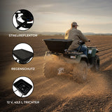 ATV-Streuer für Quad mit schwarzem Trichter, robustem Design und Regenschutz, ideal für gleichmäßige Streuung auf Feldern