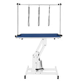 Hydraulischer Pflegetisch mit blauer Tischplatte und verstellbarem weißen Gestell, ideal für Tierpflege und Komfort während der Anwendung