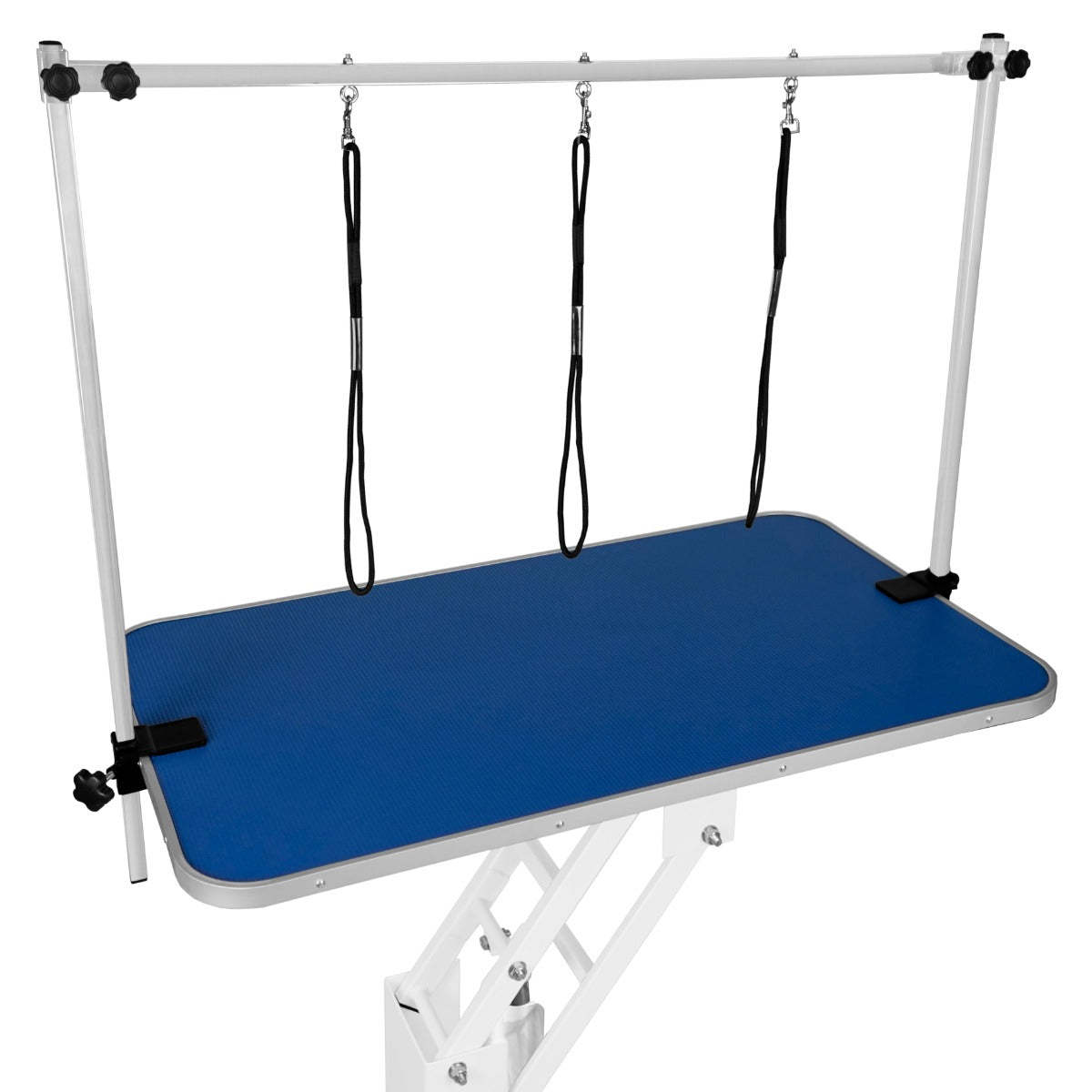 Hydraulischer Pflegetisch in Weiß mit blauer, rutschfester Tischplatte und drei Haltegurten, ideal für Tierpflege und Grooming