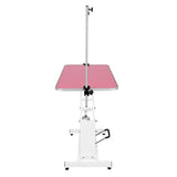 Hydraulischer Pflegetisch in Weiß mit einer rosa Tischplatte, verstellbar in der Höhe, stabiler Rahmen und rutschfeste Füße für sicheren Halt
