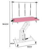 Hydraulischer Pflegetisch in Weiß mit einer rosa Tischplatte, höhenverstellbar, stabiler Konstruktion und drei Halteösen für Leinen