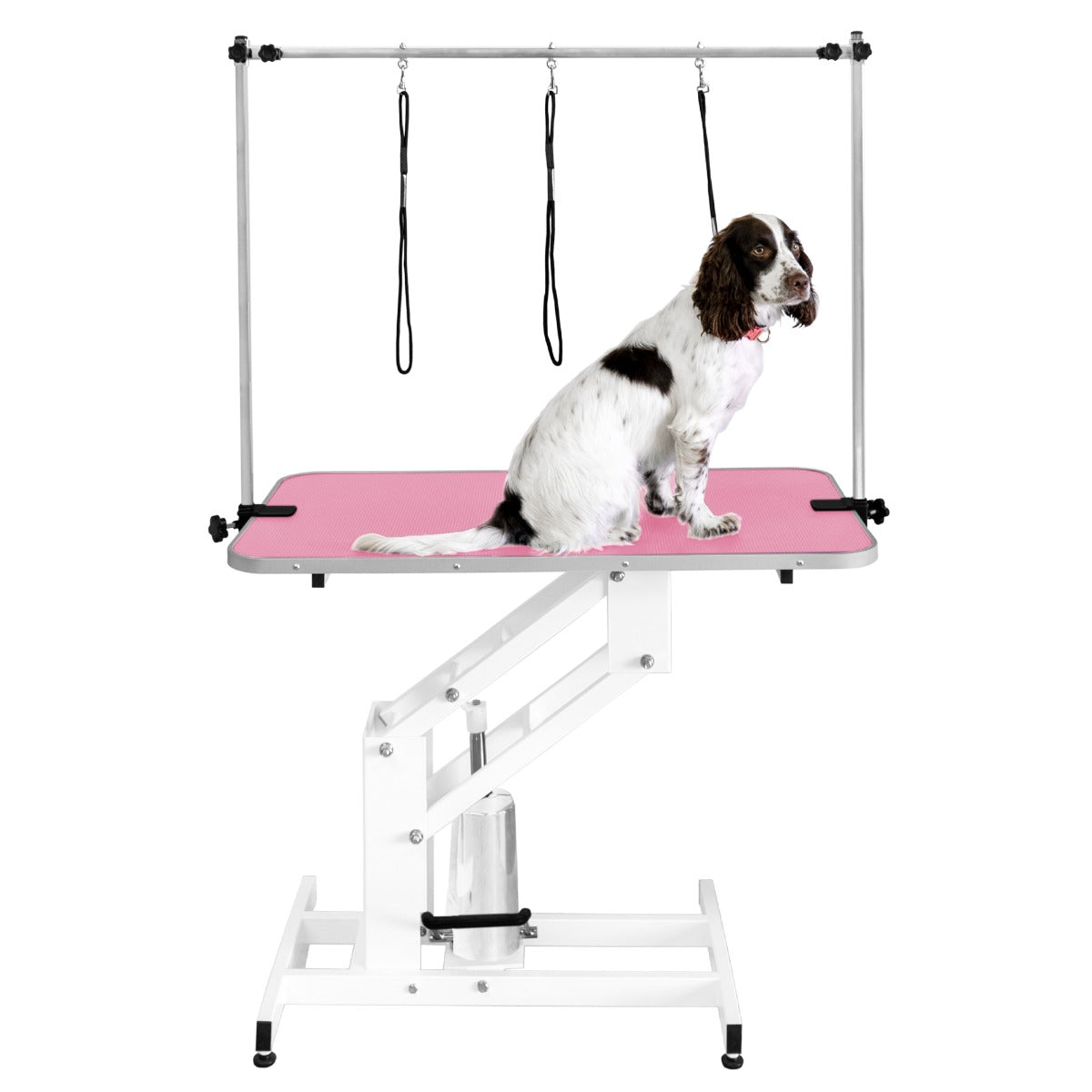 Hydraulischer Pflegetisch in Weiß mit einer rosa Tischplatte, ausgestattet mit einem Halterungssystem für Hunde, ideal für die Pflege und das Styling