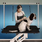 Hydraulischer Pflegetisch in Weiß mit schwarzer Tischplatte, ausgestattet mit Halterungen für Hunde, ideal für die professionelle Tierpflege