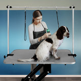 Schwarzer hydraulischer Pflegetisch mit grauer Tischplatte, ideal für Haustierpflege, stabil und höhenverstellbar, mit einem Hund darauf