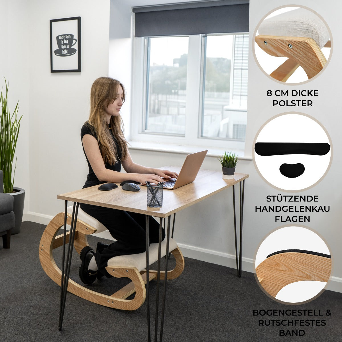 Ergonomischer Kniestuhl mit 8 cm dickem Polster, Holzgestell und rutschfestem Band, bietet Unterstützung für eine gesunde Sitzhaltung am Schreibtisch