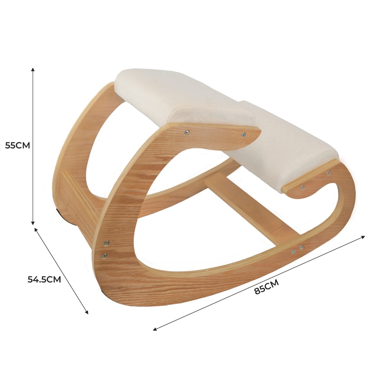 Ergonomischer Kniestuhl aus hellem Holz mit gepolsterter, beiger Sitzfläche, geschwungener Form und stabiler Basis für komfortables Sitzen