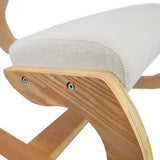 Ergonomischer Kniestuhl mit hellem, strukturiertem Stoffbezug und geschwungener Holzunterkonstruktion in natürlicher Holzfarbe