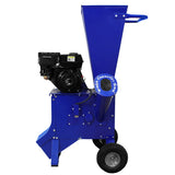 Blauer T-Mech 7PS Holzhäcksler mit robustem Motor, großer Einfüllöffnung und stabilen Rädern für einfache Mobilität und Nutzung im Garten