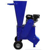 Blauer T-Mech 7PS Holzhäcksler mit robustem Motor, großen Rädern und einem hohen Einfülltrichter für einfaches Zerkleinern von Holz und Ästen