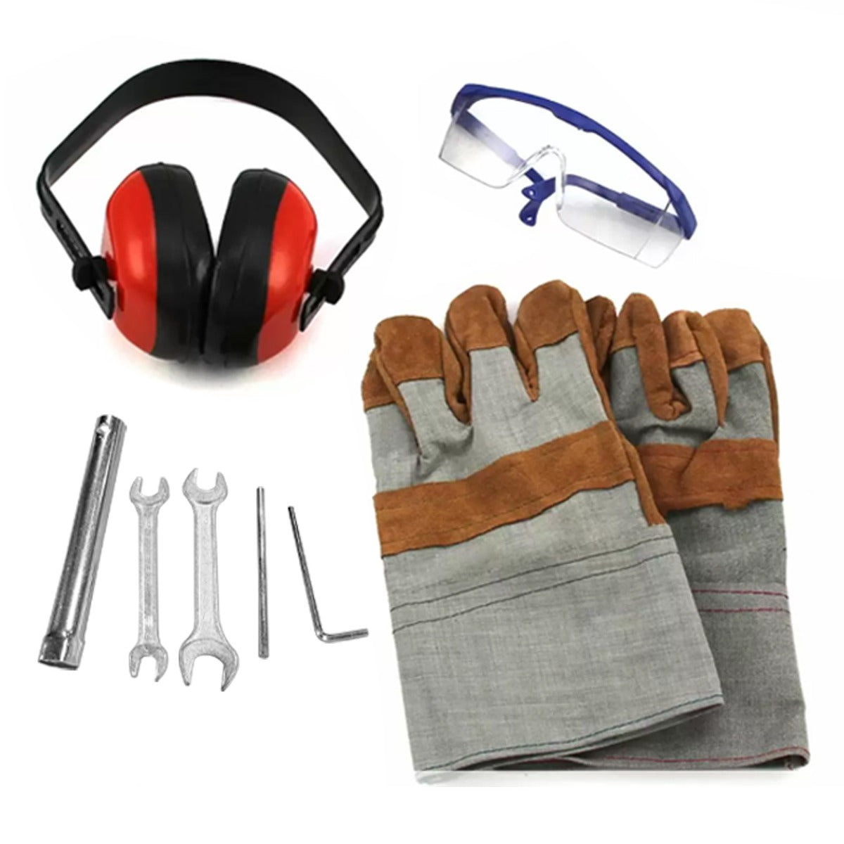 Schutzbrille, Gehörschutz in Rot, robuste Handschuhe mit braunen Einsätzen und Werkzeugset mit Schraubenschlüsseln und Inbusschlüsseln auf weißem Hintergrund