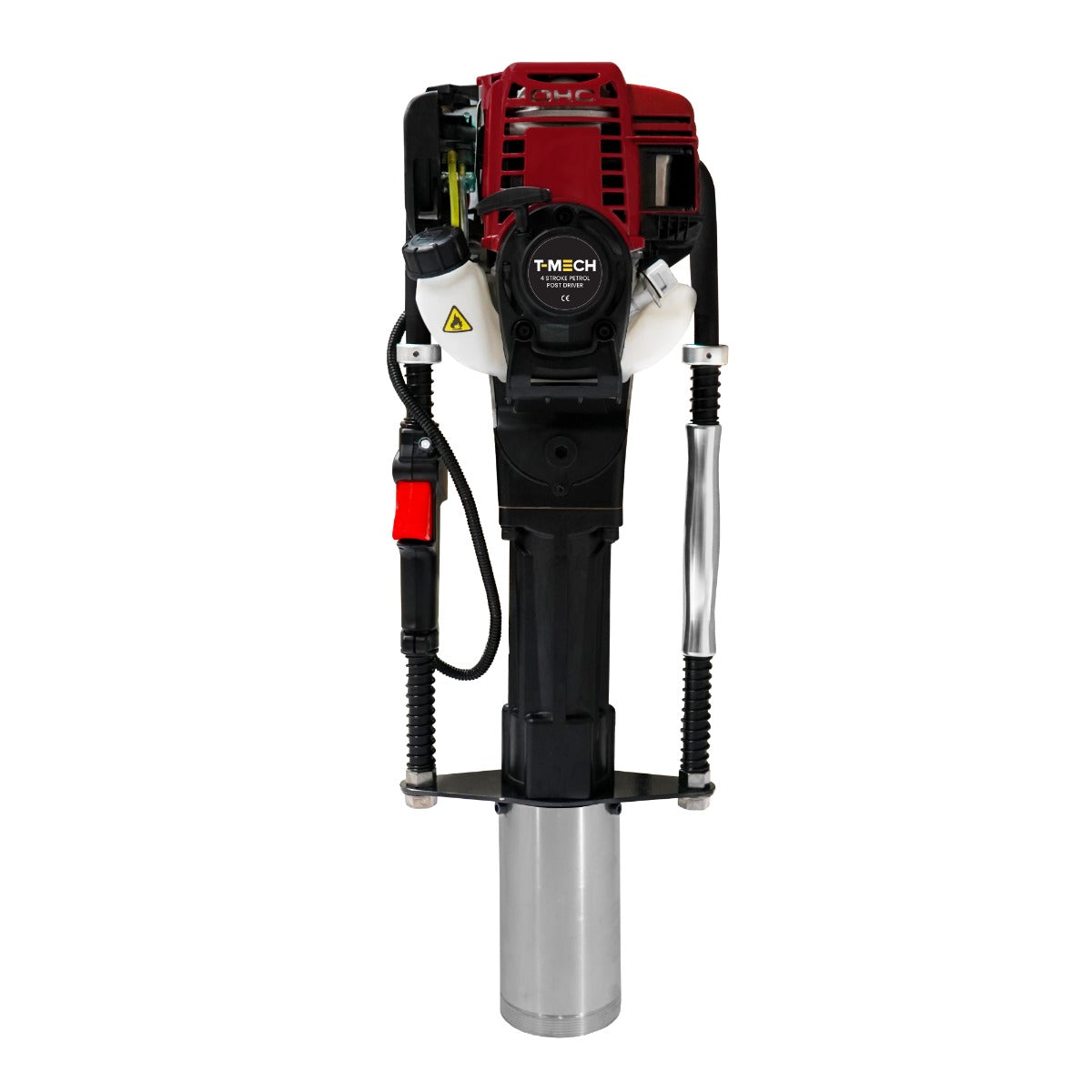 T-Mech 4-Takt Benzin Pfahlramme in Rot und Schwarz, mit robustem Metallkörper und ergonomischem Griff für effizientes Arbeiten im Freien