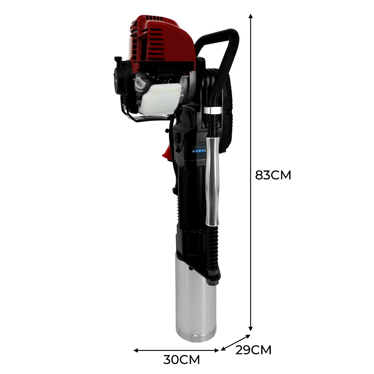 Die T-Mech 4-Takt Benzin Pfahlramme in Schwarz und Rot, mit einem robusten Metallgehäuse, misst 83 cm in der Höhe und hat einen stabilen Griff für einfache Handhabung