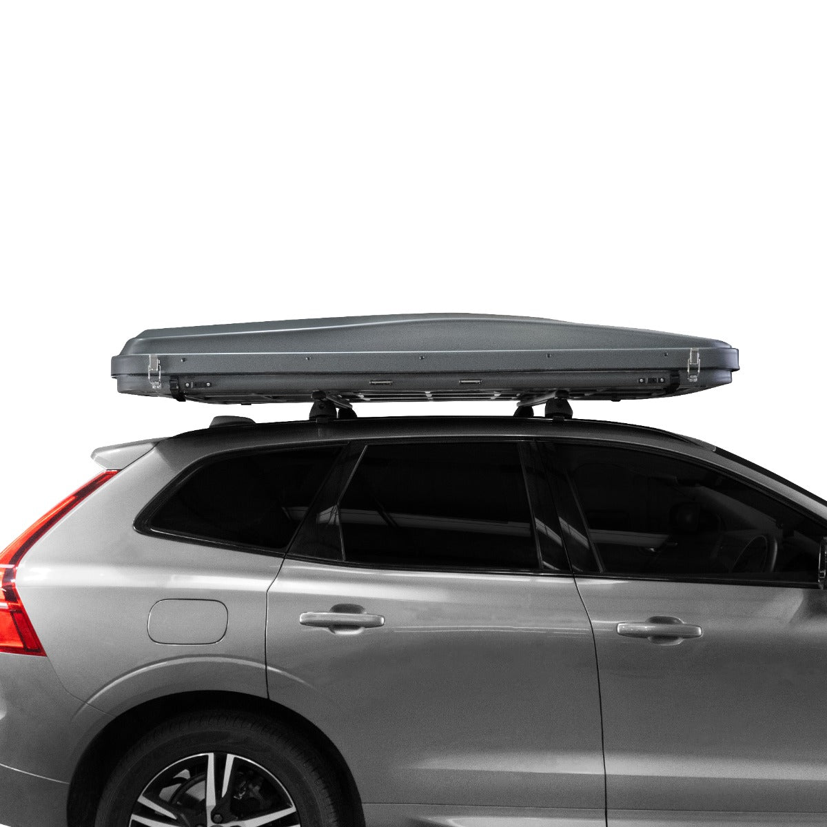 Grau Auto Dachzelt auf einem silbernen SUV, aerodynamische Form, glatte Oberfläche, ideal für Camping und Outdoor-Abenteuer