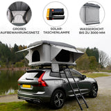 Grau Auto Dachzelt auf einem SUV, mit einer Leiter, wasserdicht bis 3000 mm, ausgestattet mit einem großen Aufbewahrungsnetz und einer Solar-Taschenlampe