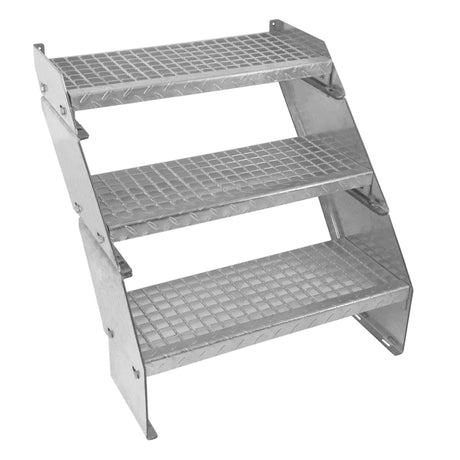 Verstellbare dreiteilige Treppe aus verzinktem Stahl, 600 mm breit, mit rutschfester, diamantförmiger Oberfläche und stabiler, robusten Konstruktion