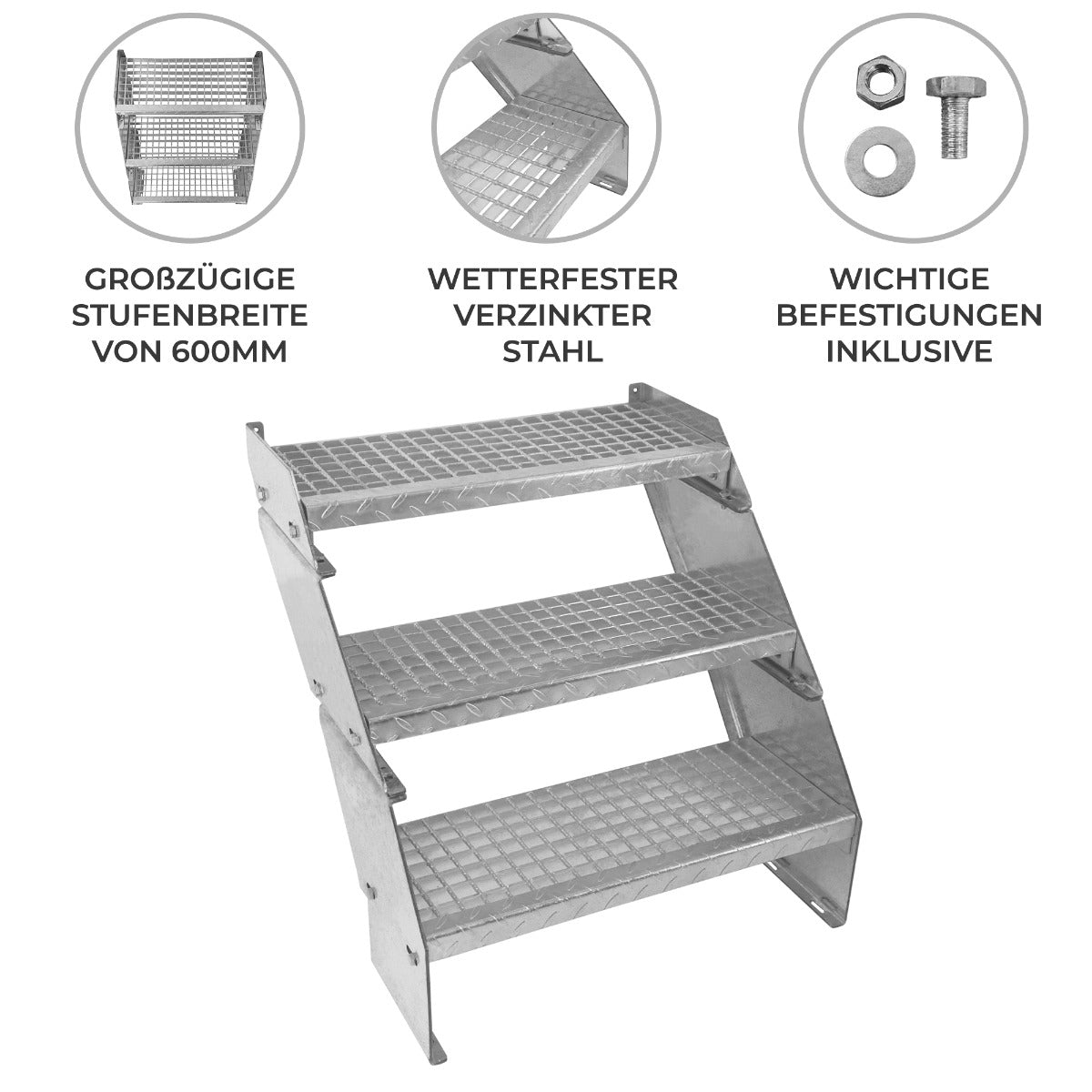 Verstellbare dreiteilige Treppe aus wetterfestem, verzinktem Stahl mit rutschfesten, strukturierten Stufen und breiter Plattform von 600 mm