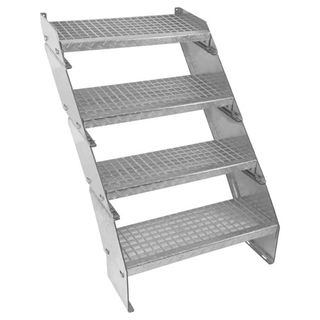 Verstellbare Treppe aus verzinktem Stahl mit vier rutschfesten Stufen, 600 mm breit, robust und ideal für den Einsatz in Werkstätten oder Lagerhäusern