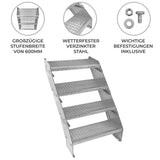 Verstellbare Treppe aus verzinktem Stahl mit vier rutschfesten Stufen, 600mm breit, wetterfest und robust, ideal für verschiedene Anwendungen