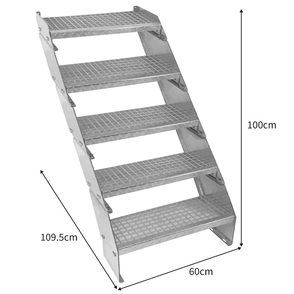 Verstellbare Treppe aus verzinktem Stahl mit fünf rutschfesten Stufen, 600 mm breit, robustes Design, ideal für verschiedene Anwendungen