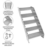 Verstellbare fünfteilige Treppe aus verzinktem Stahl, 600 mm breit, mit rutschfester Oberfläche und stabilen Stufen für sicheren Zugang