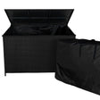 Schwarze Rattan Kissenbox mit offenem Deckel, geflochtenem Design und geräumigem Innenraum, ideal zur Aufbewahrung von Kissen und Gartenutensilien