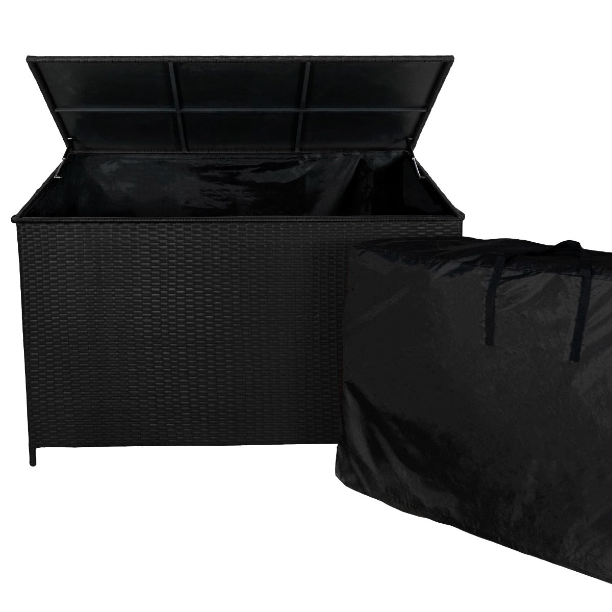 Schwarze Rattan Kissenbox mit offenem Deckel, geflochtenem Design und geräumigem Innenraum, ideal zur Aufbewahrung von Kissen und Gartenutensilien