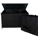 Schwarze Rattan Kissenbox mit offenem Deckel, geflochtenem Design und geräumigem Innenraum, ideal zur Aufbewahrung von Kissen und Gartenutensilien