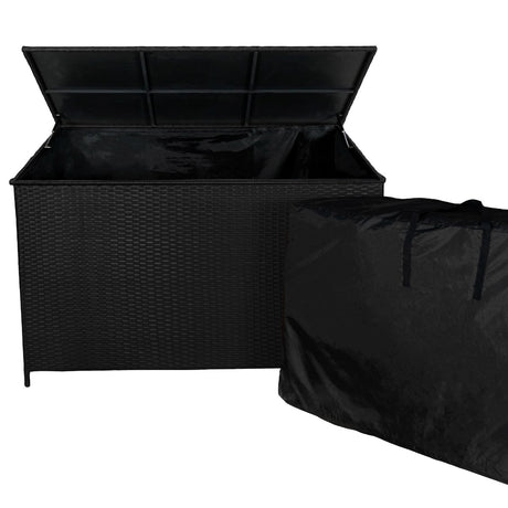 Schwarze Rattan Kissenbox mit offenem Deckel, geflochtenem Design und geräumigem Innenraum, ideal zur Aufbewahrung von Kissen und Gartenutensilien