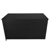 Schwarze Rattan Kissenbox mit geflochtenem Design, rechteckig, robust und wetterfest, ideal zur Aufbewahrung von Kissen und Gartenaccessoires